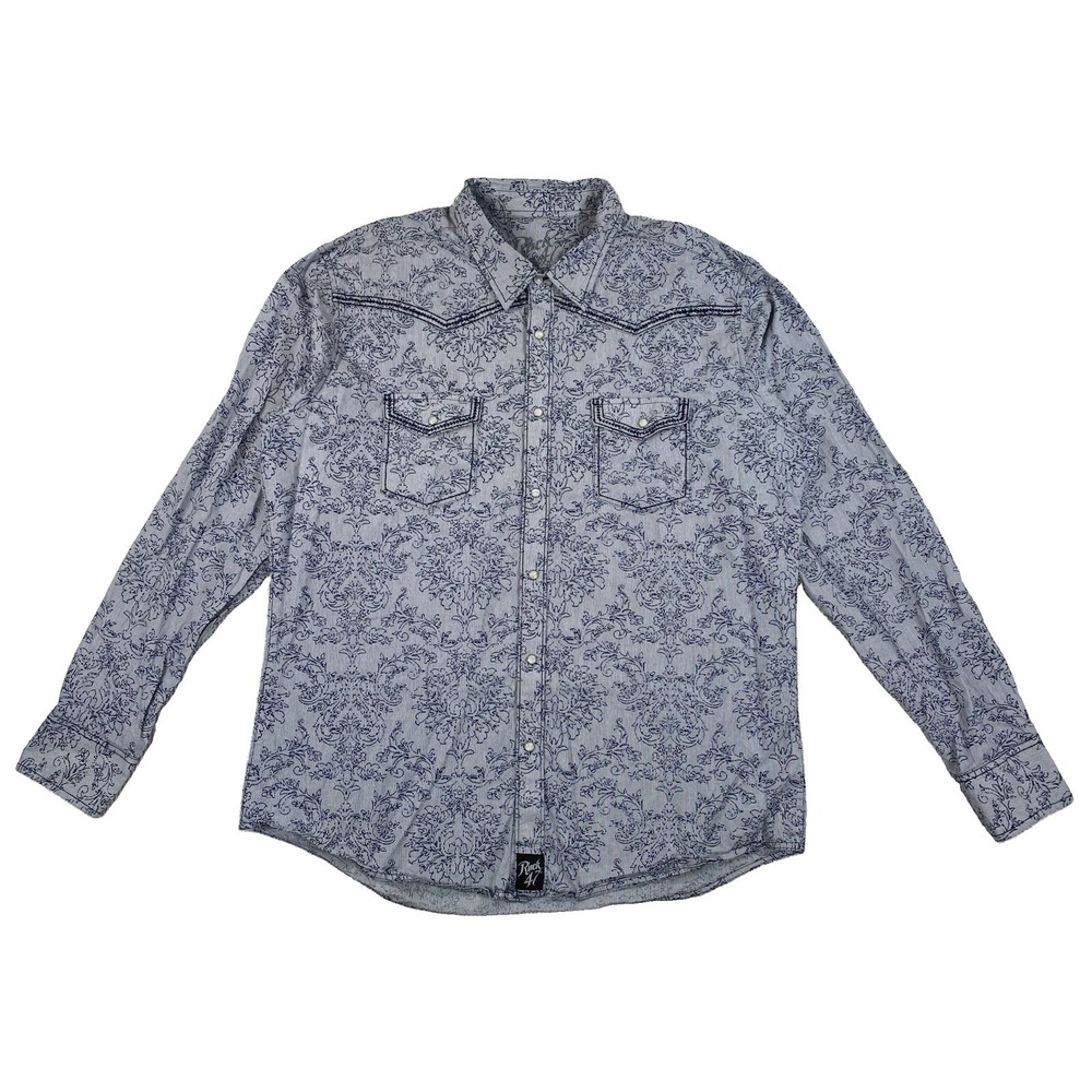 Wrangler Rock 47 Western Pearl Snap Shirt Men's XXL Navy Blue Paisley Cowboy